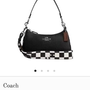 Coach Black Leather Shoulder Bag with Checkerboard Trim